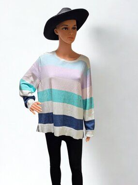 Talbots Multi-Stripe Cotton Sweater XL Pastel Crewneck Coastal Grandmillennial